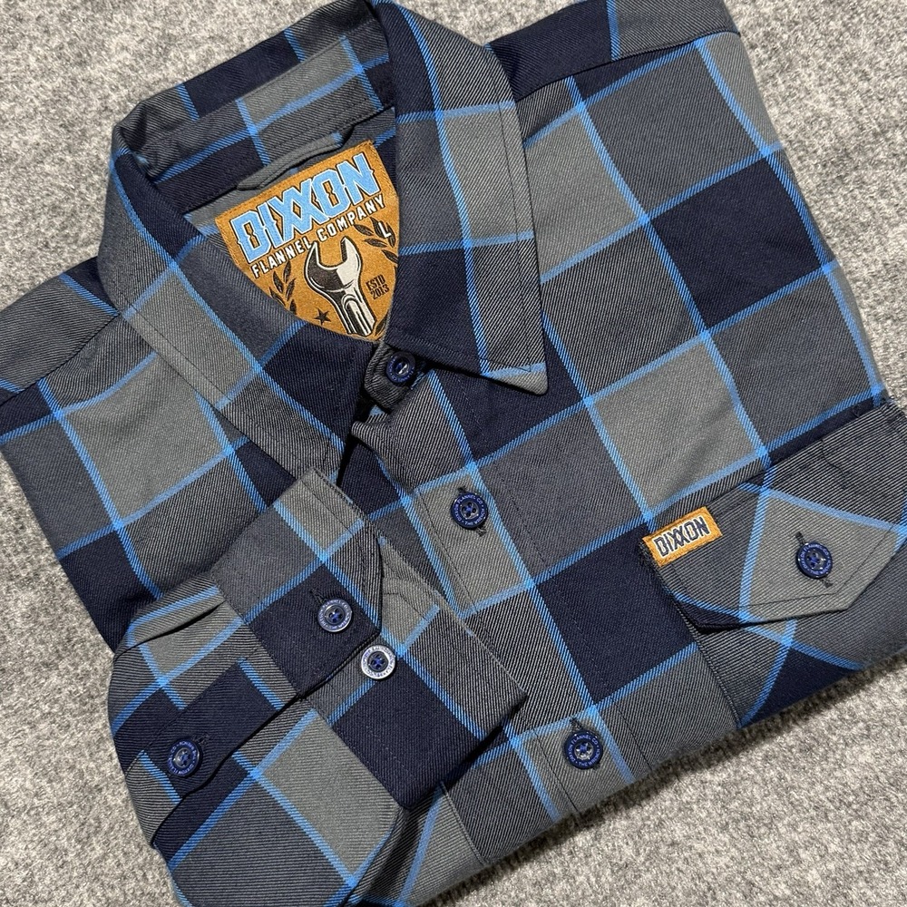 Dixxon Flannel Co THE WRENCH Mens Large Button Down Shirt Blue Gray Plaid